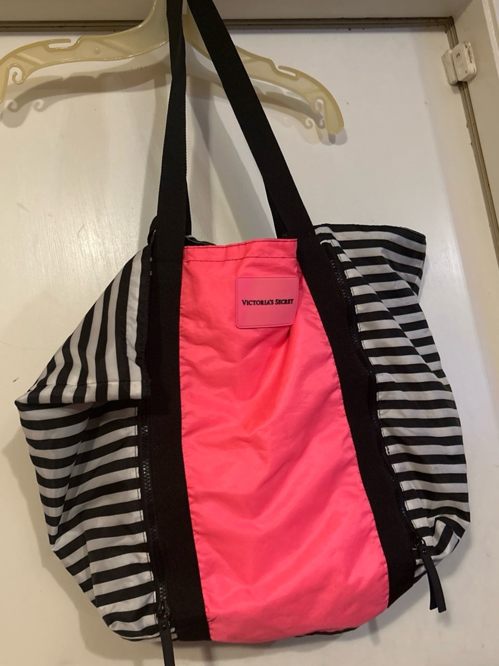 Victoria's Secret Black & Pink Striped Tote with Neon Pink Center